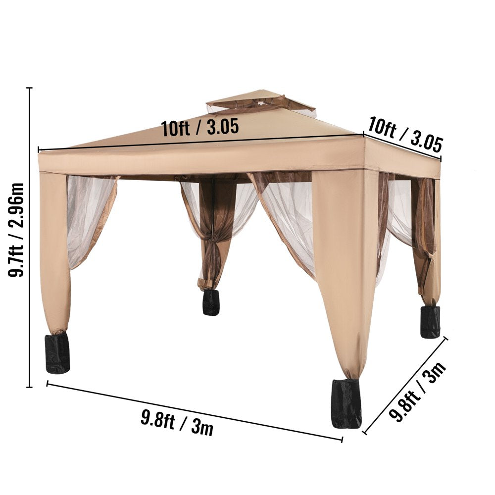 10X10Ft Outdoor Intubated Canopy Gazebo Starter Kit, Equipped with Four Sandbags, Ground Spikes, Netting, Ropes, Carrying Bag - Portable Brown Tent for Backyard, Patio and Lawn, Basic Version