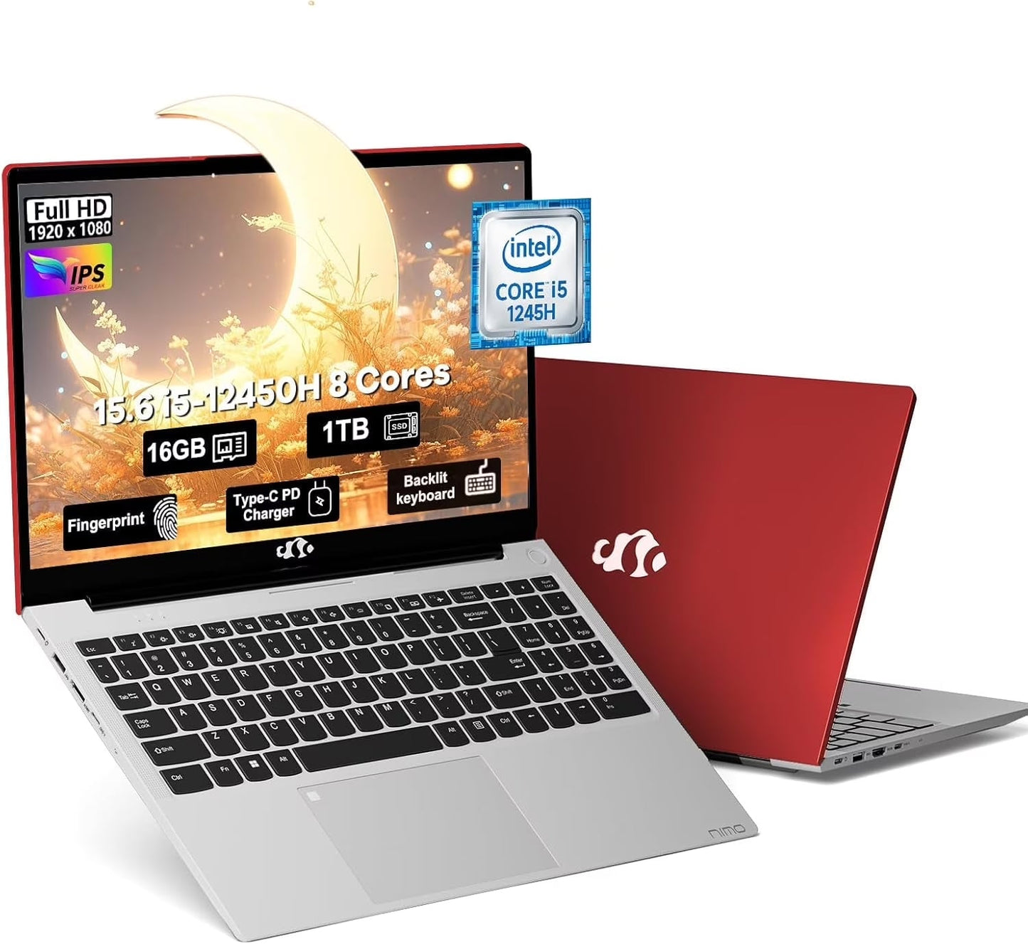 15.6 IPS Fhd-Laptop, 16GB RAM 1TB SSD 8 Cores Intel I5-12450H(Beat AMD R5 5500U,Up to 4.4 Ghz) Student-Laptop, Laptop-Computer with Backlit Keyboard Fingerprint Home-Laptop, Red