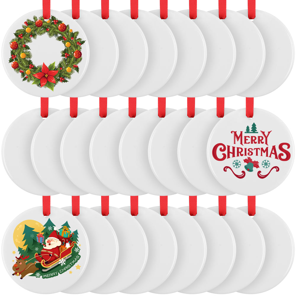 Sublimation Ornament Blanks - 24Pcs Ceramic Sublimation Christmas Ornament Blanks Sublimation Blanks Ornaments Bulk with Red Strings for Christmas Halloween Decor(2.87Ches)