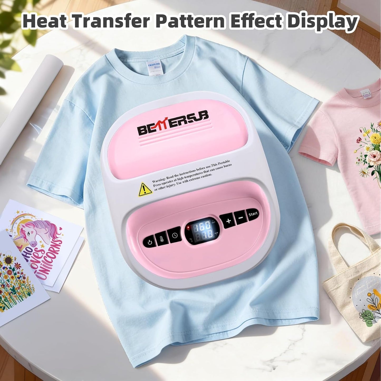Bettersub Heat Press Machine for T-Shirts, Portable Heat Press, Iron Press for Sublimation and HTV Vinyl Shirt Press Machine for Hat, Bags, Heating Transfer Projects (8.27"×9.06" Pink)