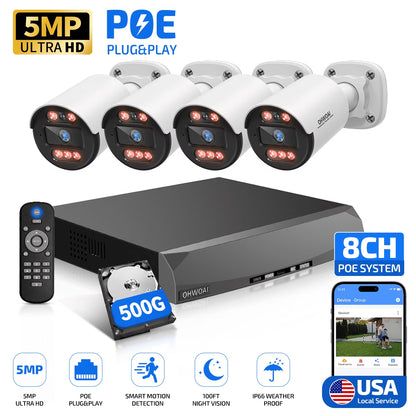 5MP Poe Security Camera System Outdoor, AI Detection, 4CH NVR with 500GB HDD