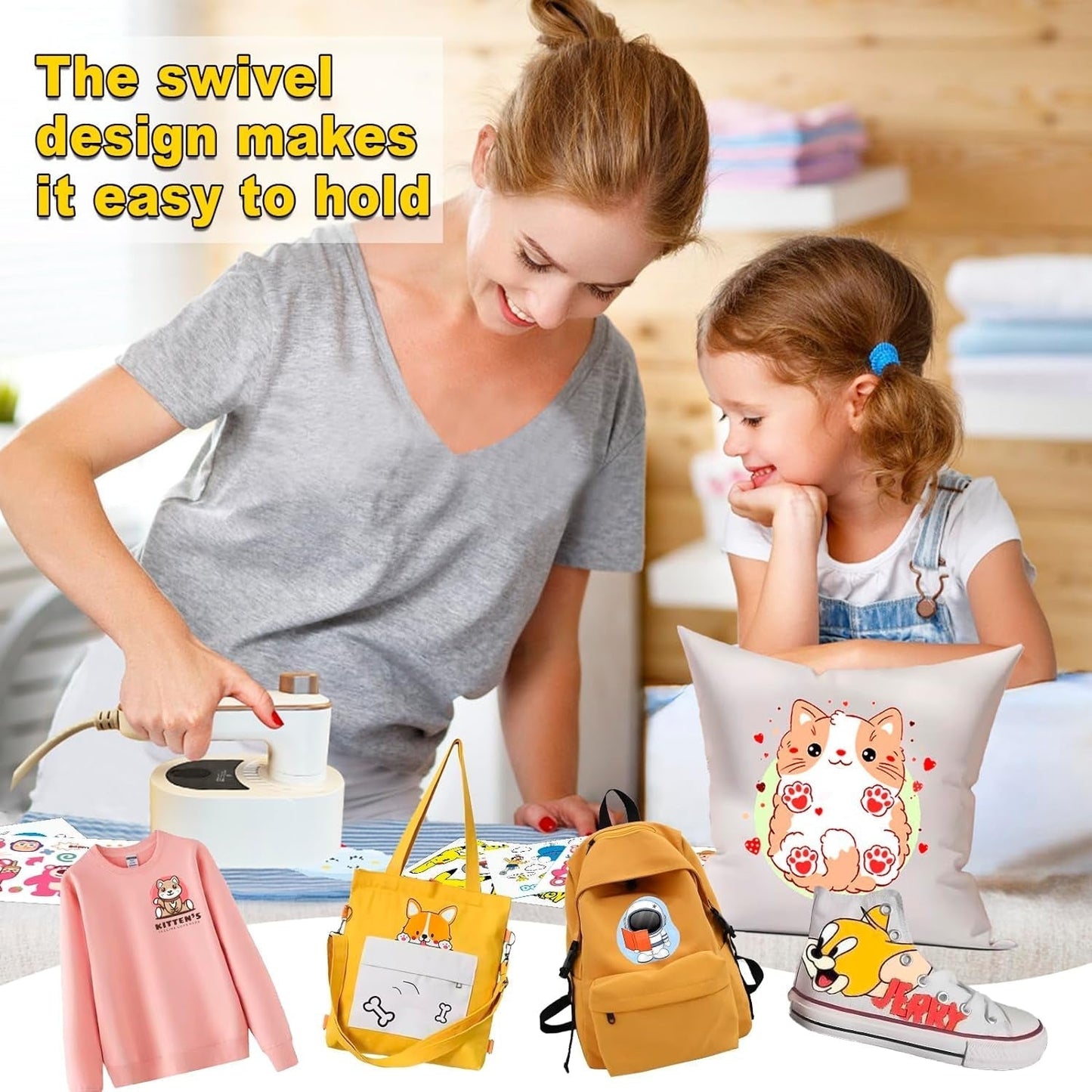 Portable Mini Heat Press Machine, Mini Craft Iron Easy to Use-T Shirts Printer for T Shirts Shoes Hats Bag Small HTV Iron on Vinyl Projects, Mini Steam Iron, Easypress, Heating Transfer