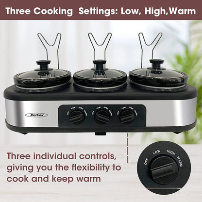 Triple Slow Cooker, 3X1.5 Quart Electric Slow Cooker Buffet Server, Food Warmer Cooking Pot, Adjustable Temp Removable Ceramic Pots Lid Rests