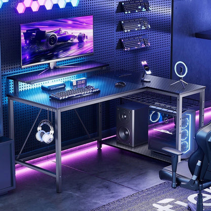 42" Reversible L-Shaped Gaming Desk: Equipped with Power Outlets, LED Lights, Adjustable Shelves & Hooks for Small Spaces ,Bedrooms & Offices, Carbon Fiber Black