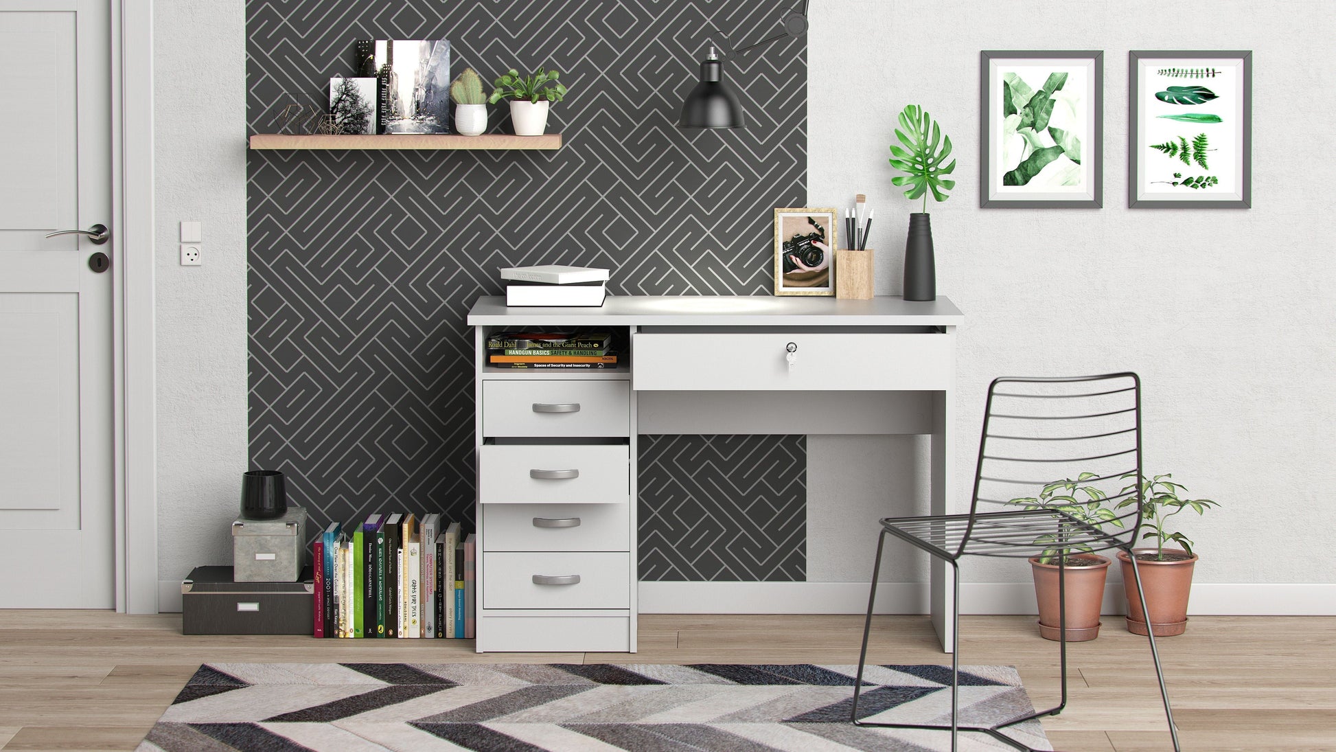 Walden 5 Drawer Office Desk with 1 Locking Drawer for Adults, White