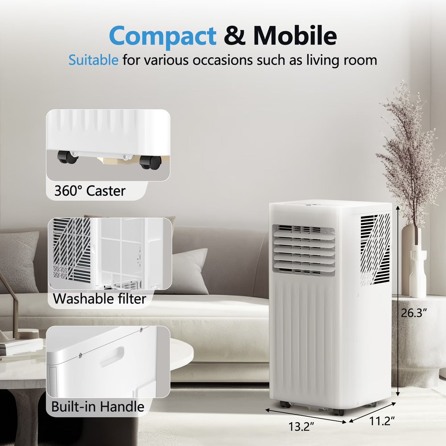 Portable Air Conditioners 8000 BTU Ashrae– 3-In-1 AC Unit, Dehumidifier & Fan with 24-Hour Timer/Remote Control for Home/Office/Apartments/Dorm