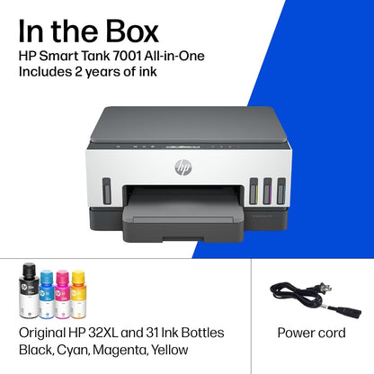 HP Smart Tank 7001 Wireless All-In-One Ink Tank Printer, Scanner, Copier with 2 Years of Ink Included, Best-For-Home Office, Cartridge-Free Refillable, Ai-Enabled (28B49A)