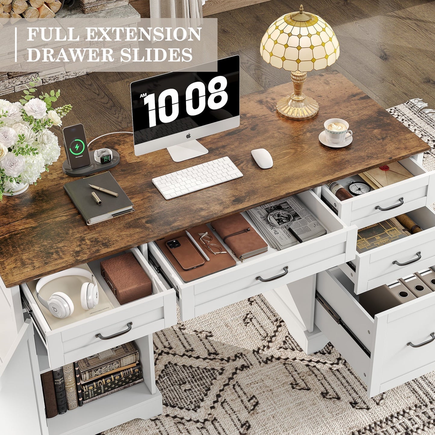 Executive Desk with File Drawers, 55'' Farmhouse Desk Modern for Adult Home Office, White