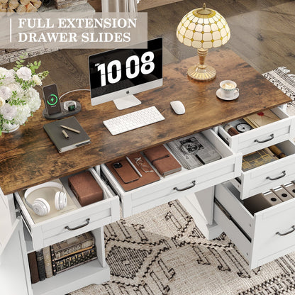 Executive Desk with File Drawers, 55'' Farmhouse Desk Modern for Adult Home Office, White