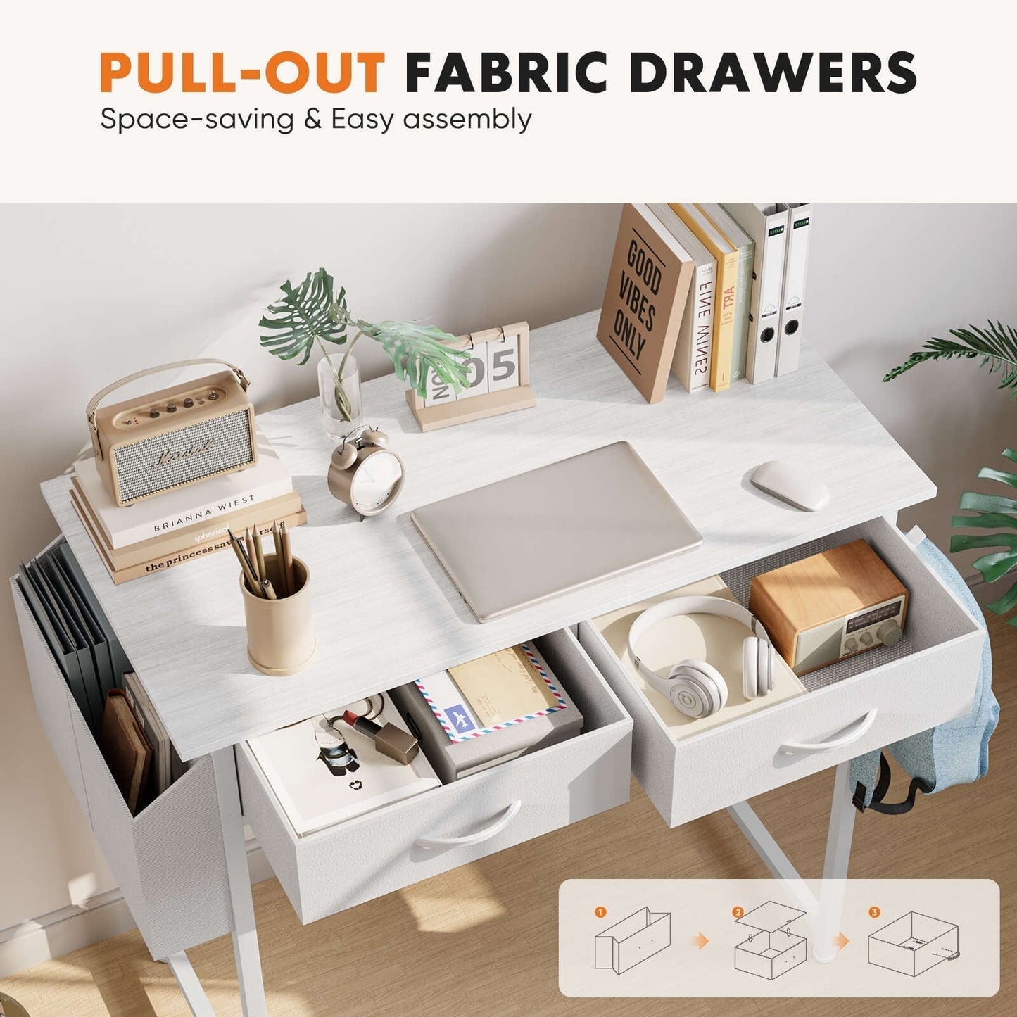 Small Desk with 2 Drawers 32 Inch Bedroom Kids Student Vanity Home Office Computer PC Table with Fabric Storage Bag, Study Writing Wood Deskboard for Small Spaces,White
