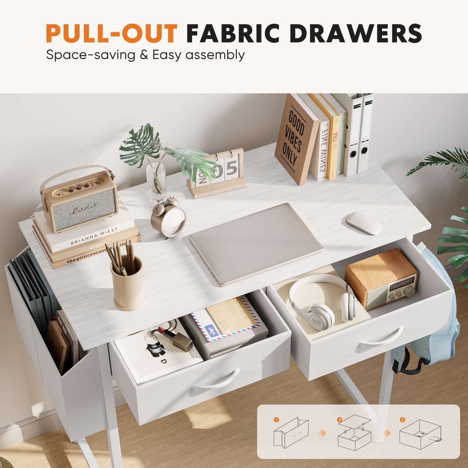 Small Desk with 2 Drawers 32 Inch Bedroom Kids Student Vanity Home Office Computer PC Table with Fabric Storage Bag, Study Writing Wood Deskboard for Small Spaces,White
