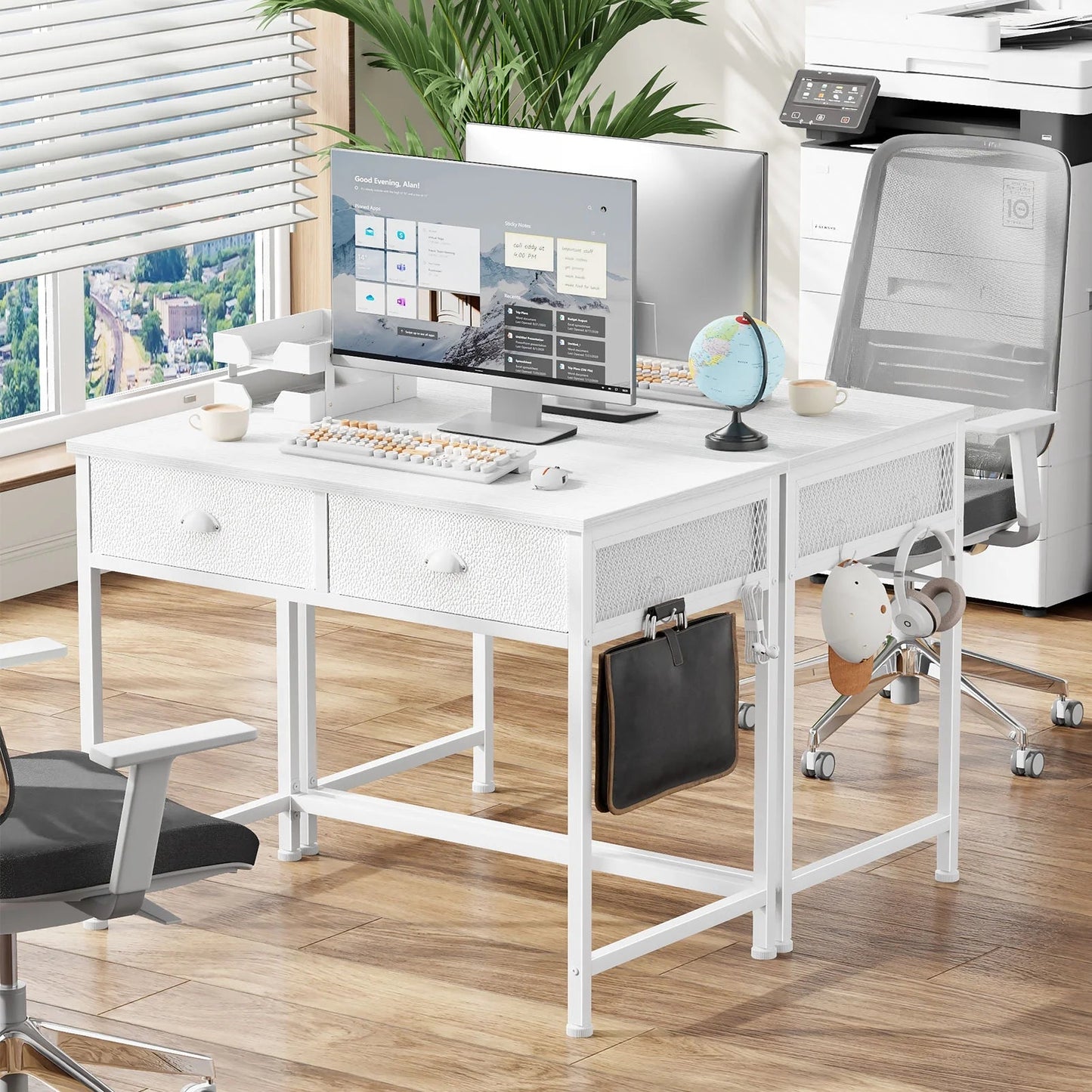 White Writing Desk with Drawers & Hooks, 34" Computer Desk with 2 Fabric Drawers