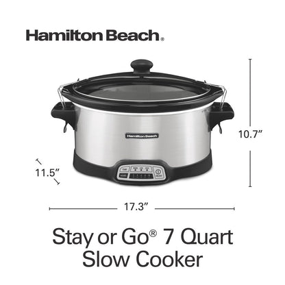 Programmable Stay or Go Slow Cooker, 7 Quart Capacity, Lid Lock for Portability, Dishwasher Safe Removable Crock, Silver 33576