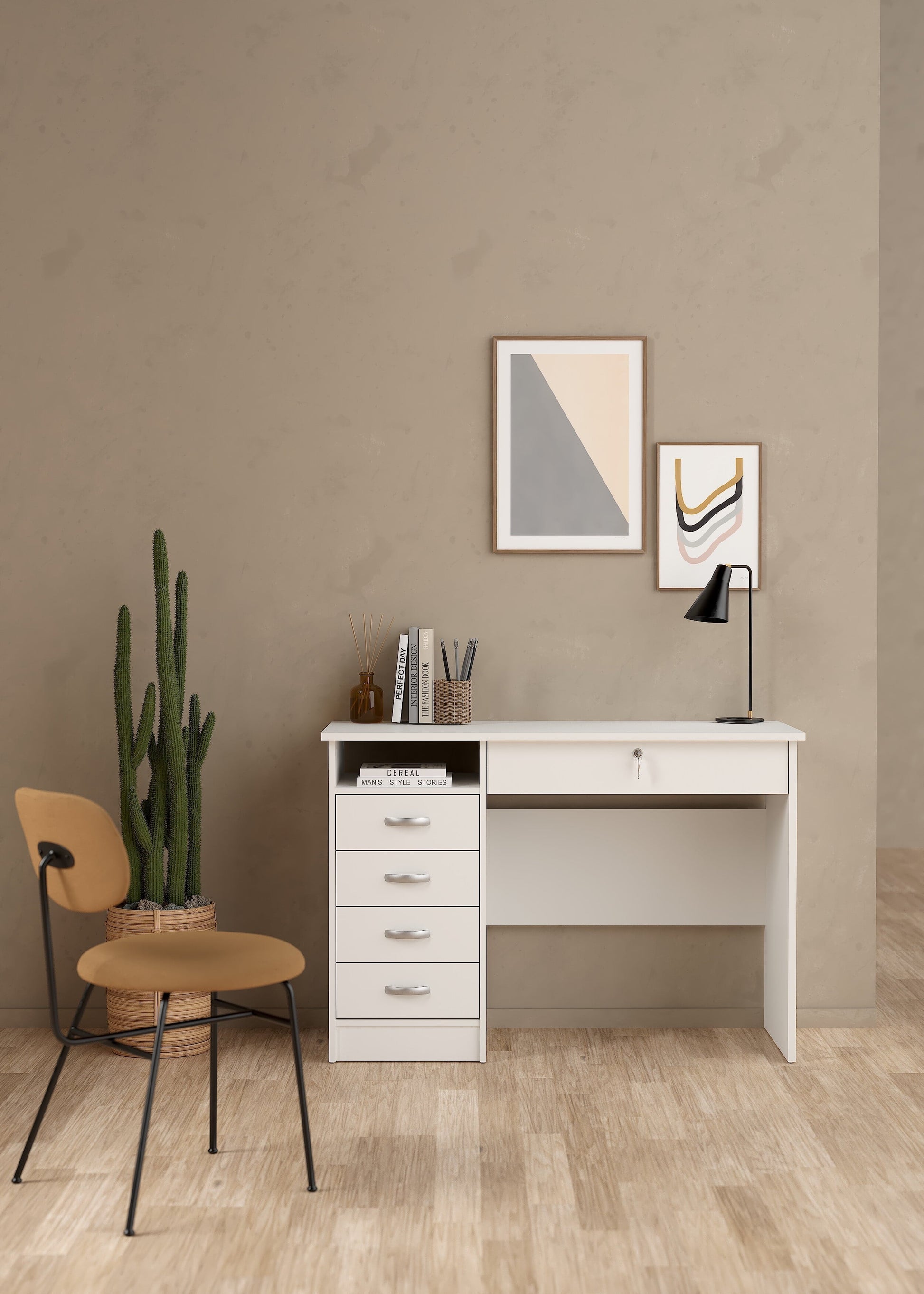 Walden 5 Drawer Office Desk with 1 Locking Drawer for Adults, White