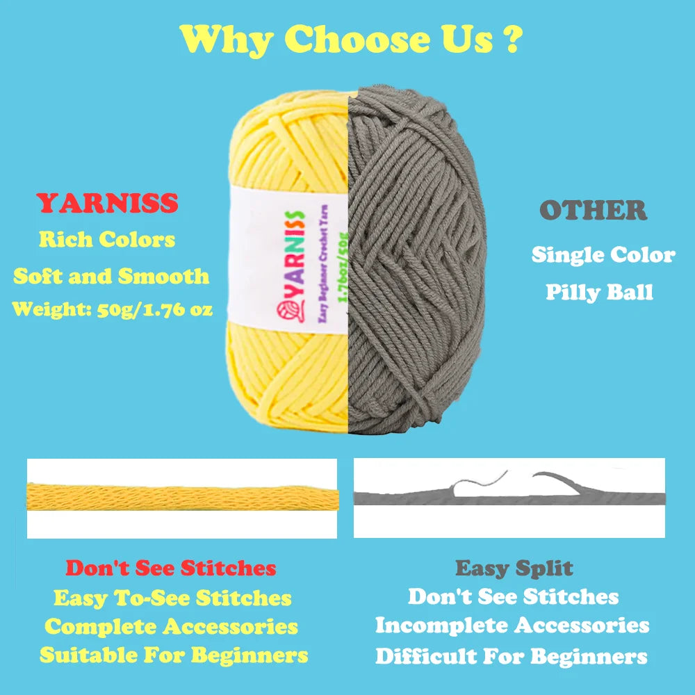 Yarniss 5 Pack Beginners Crochet Yarn,Crochet & Knitting Yarn for Beginners with Easy-To-See Stitches,Multicolor Cotton Nylon Yarn for Crochet