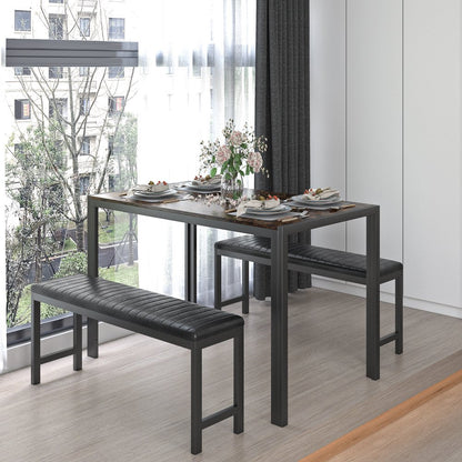Dining Room Table Set, 3-Piece Marble Top Breakfast Nook Dining Table Set with 2 Upholstered Benches, Kitchen Table Set with Metal Frame, Modern Furniture for Home Cafeteria, Brown