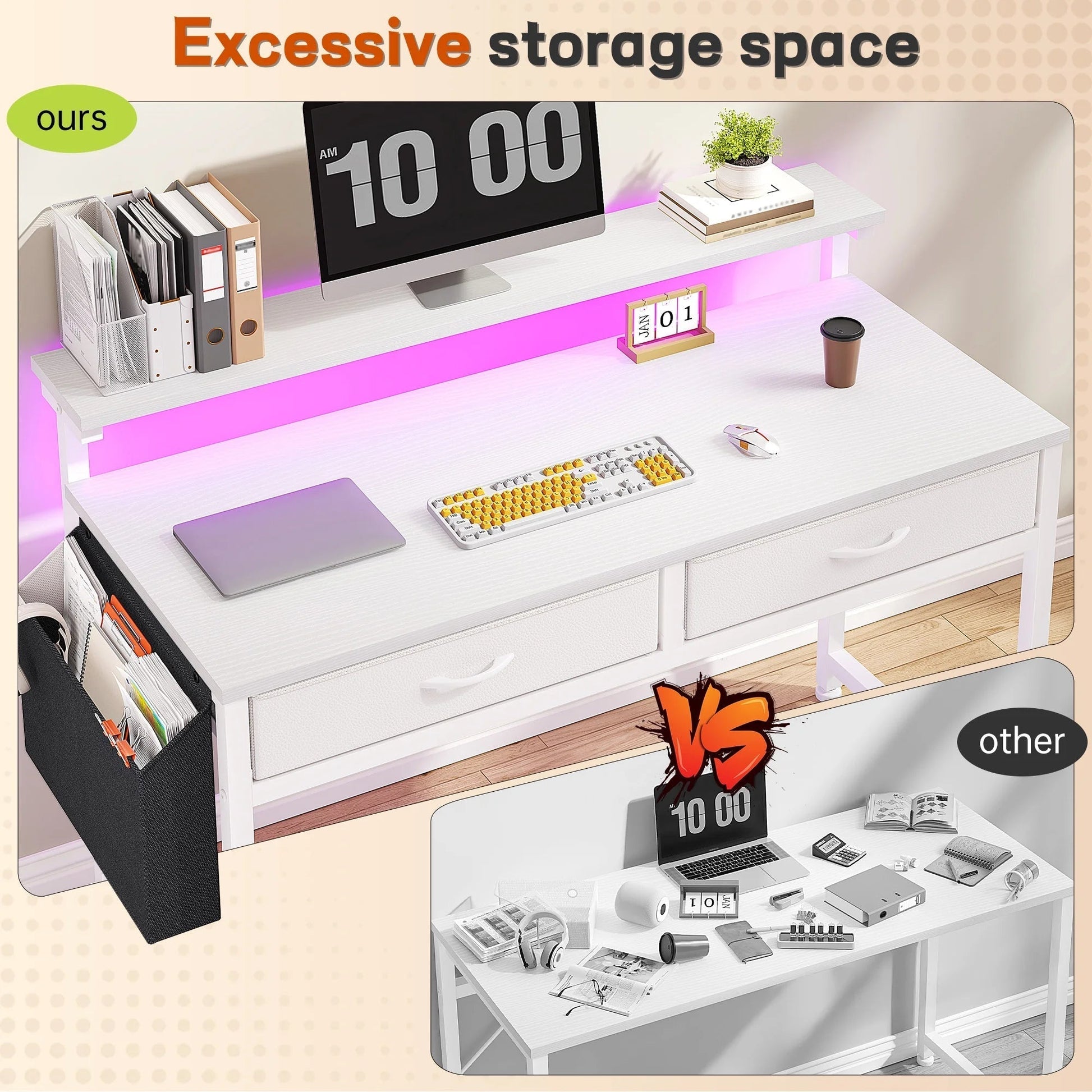 Computer Desk with LED Lights, 2 Fabric Drawers & Side Pocket, Small Desk with Monitor Stand for Home Office, Gaming, Small Spaces, White