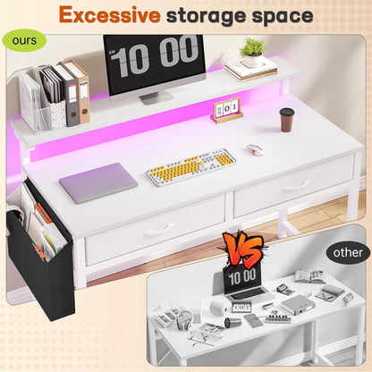 Computer Desk with LED Lights, 2 Fabric Drawers & Side Pocket, Small Desk with Monitor Stand for Home Office, Gaming, Small Spaces, White