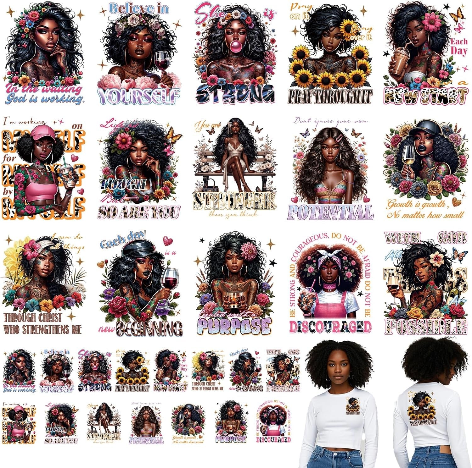 Dtf Transfers Ready to Press - 30Pcs Black Girls Iron on Transfers for Tshirts, Inspirational Quotes Iron on Decals Patches, African American Heat Transfer for DIY Clothes Jeans Bags Hats