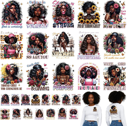 Dtf Transfers Ready to Press - 30Pcs Black Girls Iron on Transfers for Tshirts, Inspirational Quotes Iron on Decals Patches, African American Heat Transfer for DIY Clothes Jeans Bags Hats