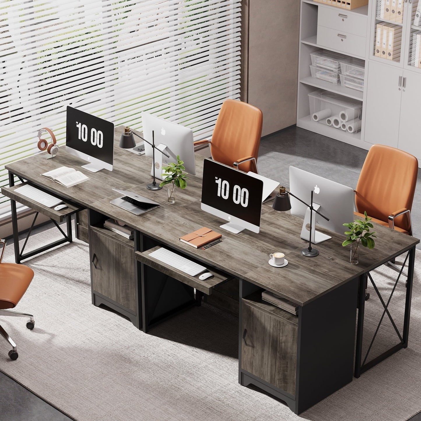 Home Office Desk 47" Computer Desk Small PC Table with Keyboard Tray and Storage Cabinet,Wash Gray