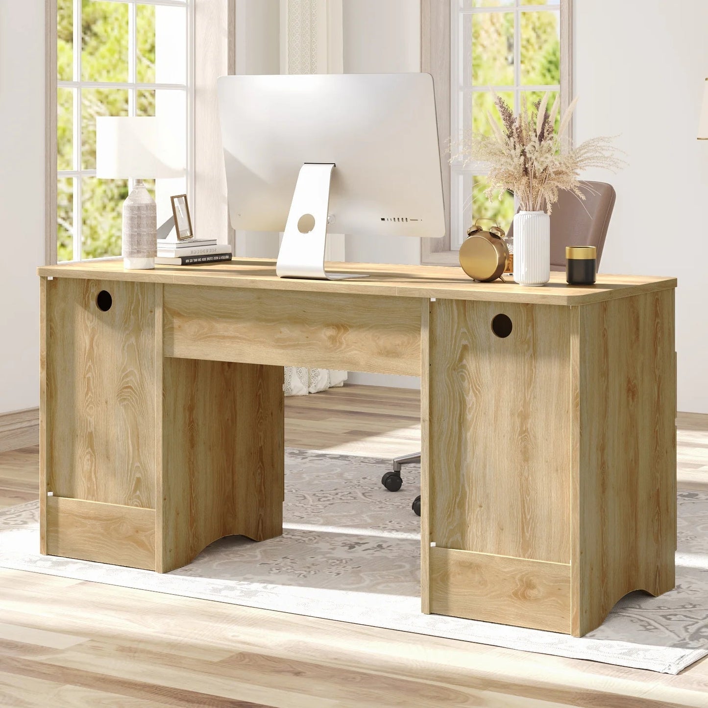 59" Computer Home Office PC Desk with Keyboard Tray and Storage Drawers, Log