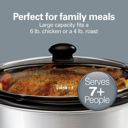 Stay or Go Slow Cooker, 6 Quart Capacity, Lid Lock, Serves 7+, Removable Crock, Silver, 33262