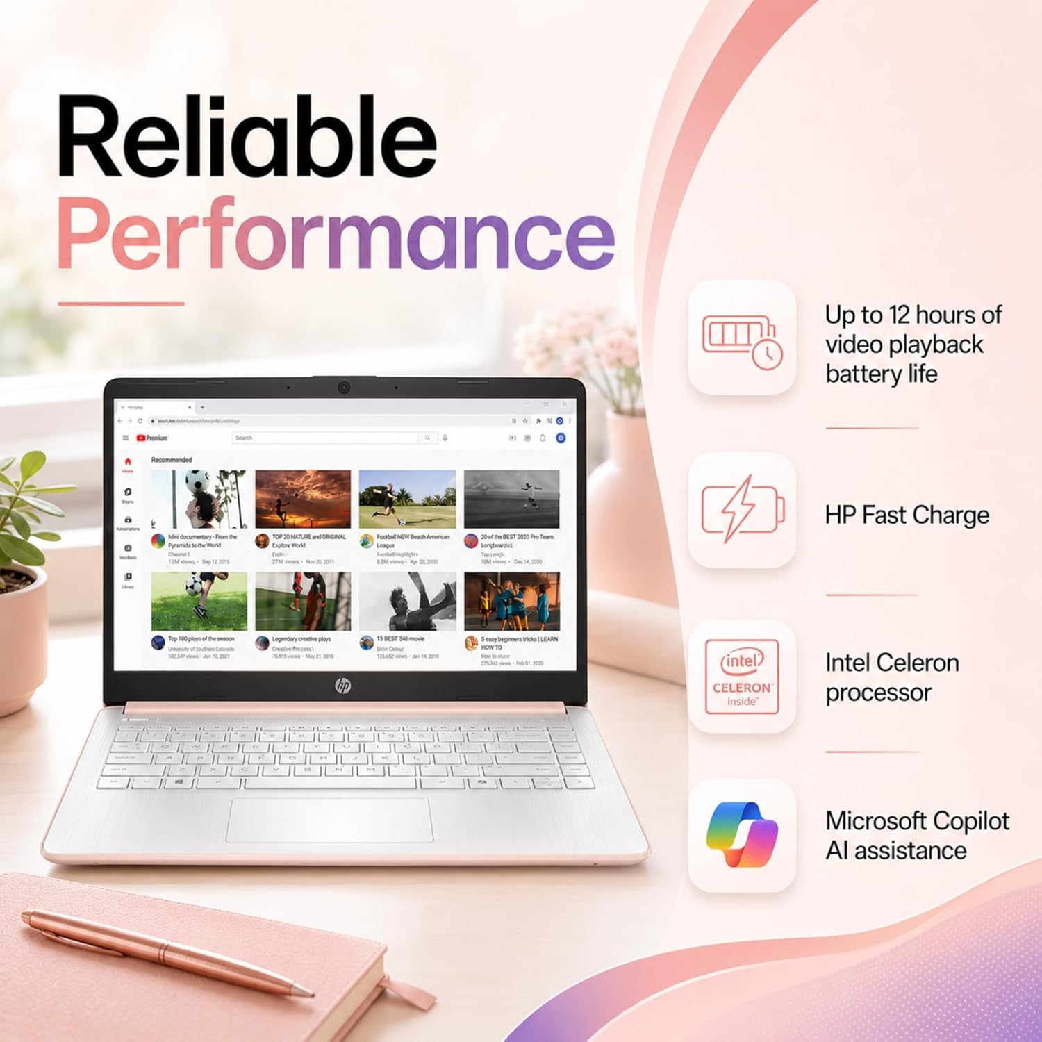 HP Business and Home Laptop, 8GB RAM, 128GB SSD, Intel Processor, Microsoft Office 365 1 Year | No Mouse, Fast Response, Long Battery Life Computer, Rose Gold