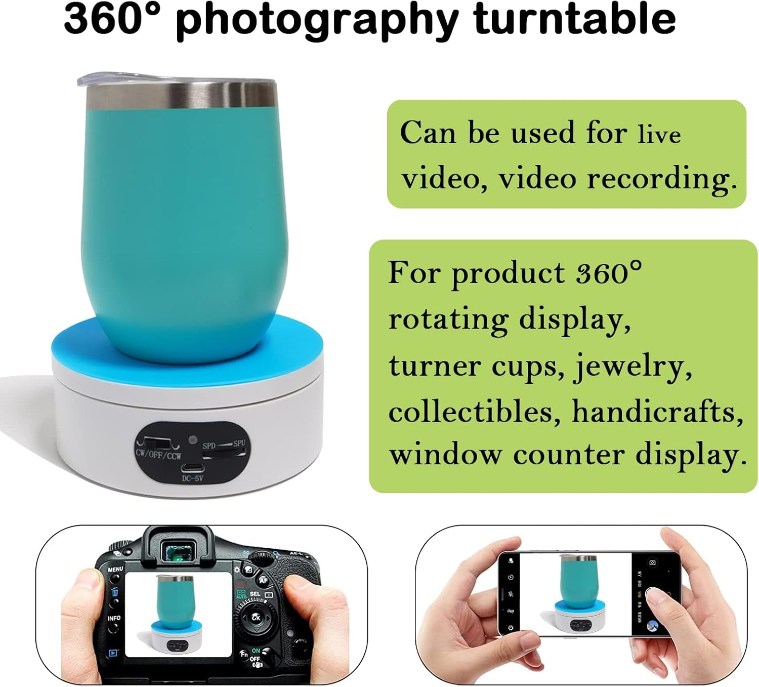 YVV Rotating Display Stand, 360 Degree Motorized Rotating Turntable, Adjustable Speed Rotating Display Stand, Electric Spinner for Photography Products Shows, Turner for Tumblers Display Base, White