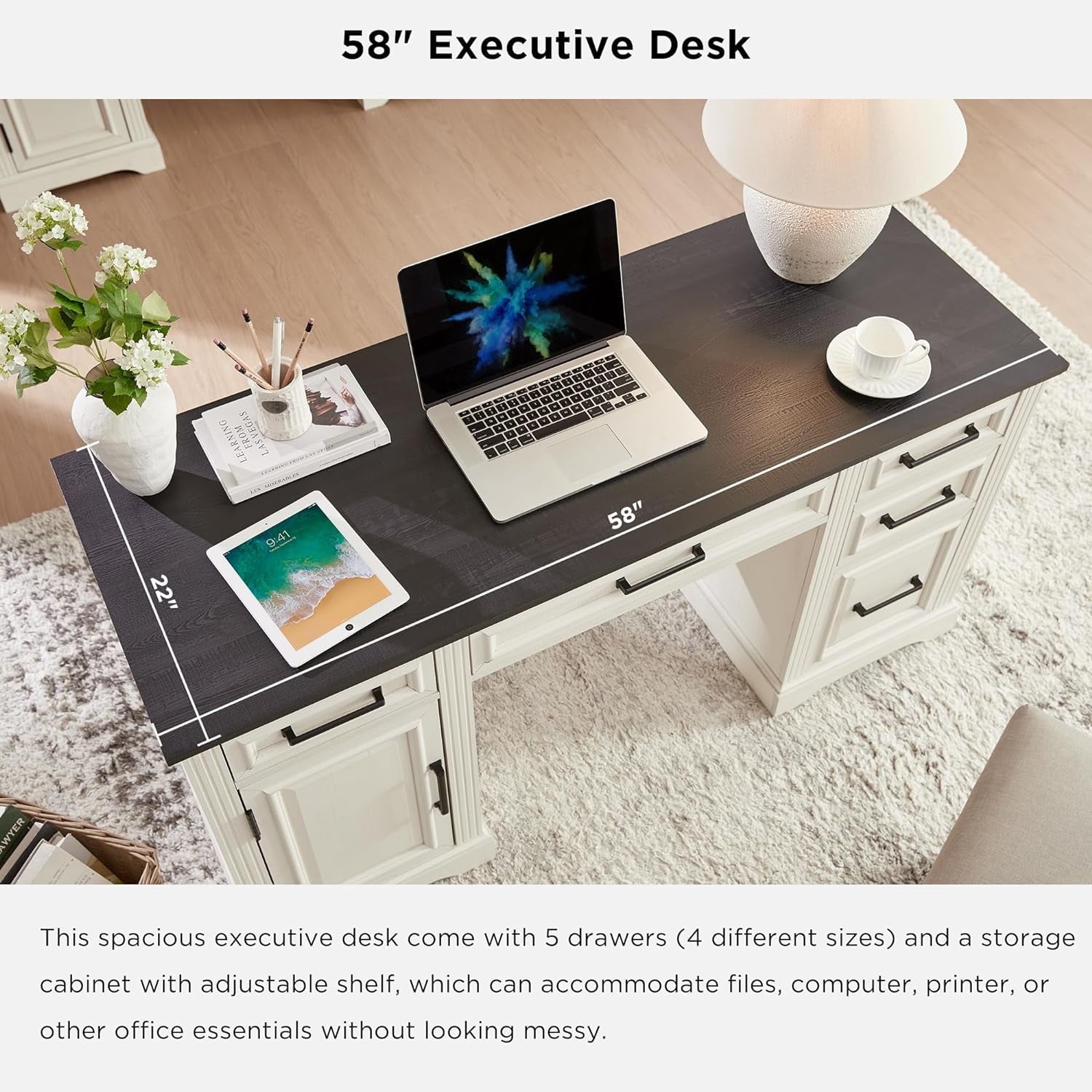 Farmhouse Wood 58" Executive Desk, Home Office 30" High Computer Desk with Drawers and Storage Cabinet, White