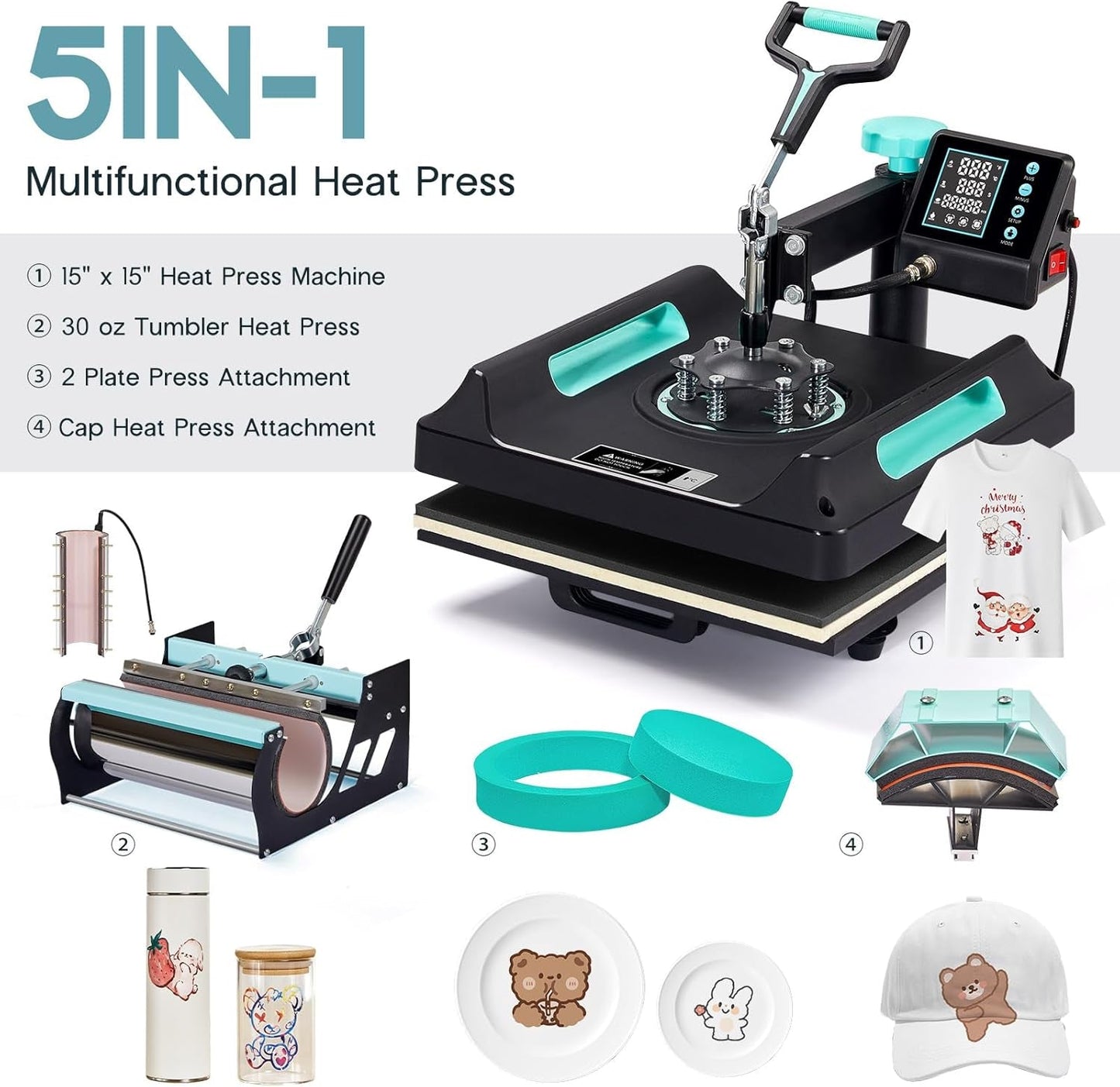 SPECRAFT 5-In-1 Combo Heat Press, 15X15 360° Swing Away Digital Sublimation Machine for T-Shirts Mugs Hats Plates, Green Black
