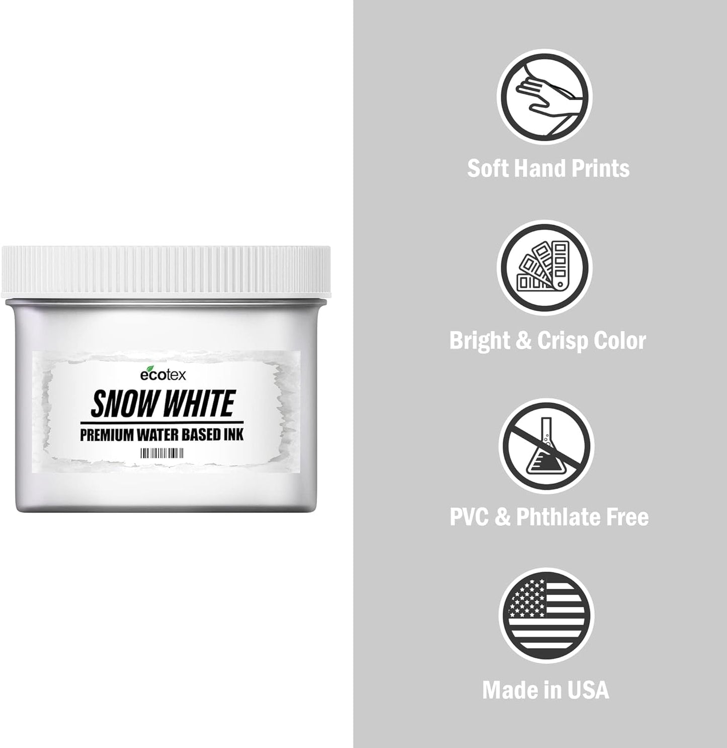 Ecotex® Screen Printing Snow White (Pint - 16 Oz.) - Water Based Snow White Fabric Ink, Silk Screen Paint - ®, USA Made