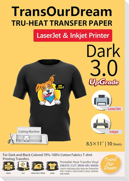 Transourdream Iron on Heat Transfer Paper for Dark T Shirts (10 Sheets 8.5X11", Dark 3.0) Printable HTV Vinyl for Inkjet & Laserjet Printer, Transfers Paper for Dark Fabric