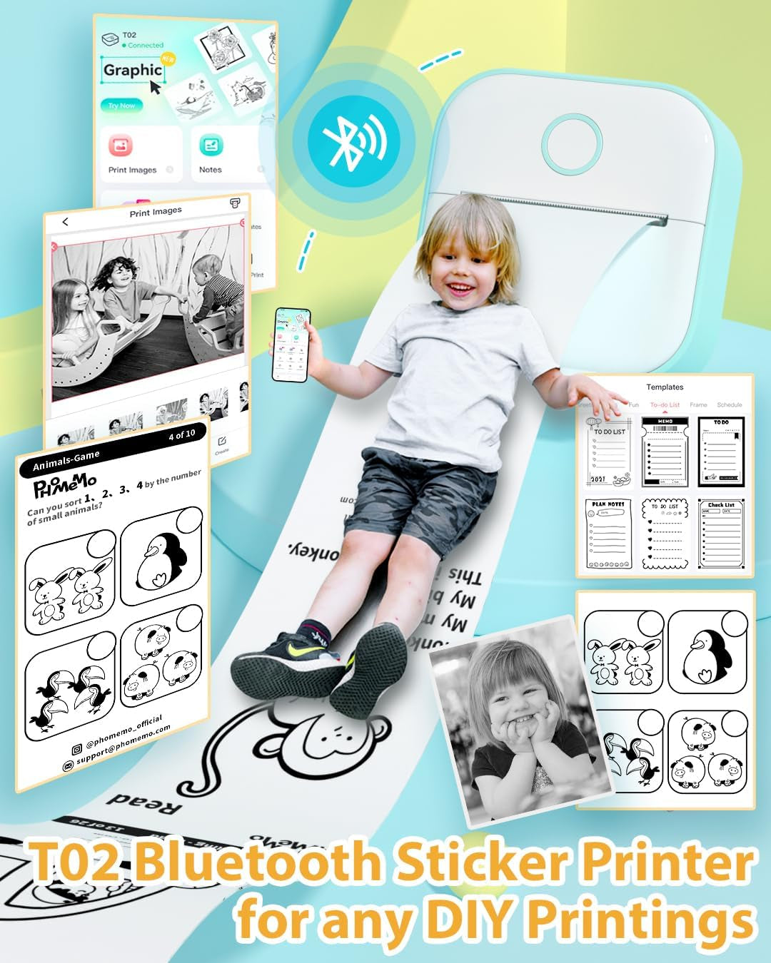 Phomemo Sticker Printer- T02 Print Pods Mini Sticker Printer Maker, Inkless Machine Portable, Bluetooth Thermal Pocket Photo Maker for Study Notes, Daily, Photos, DIY, Green