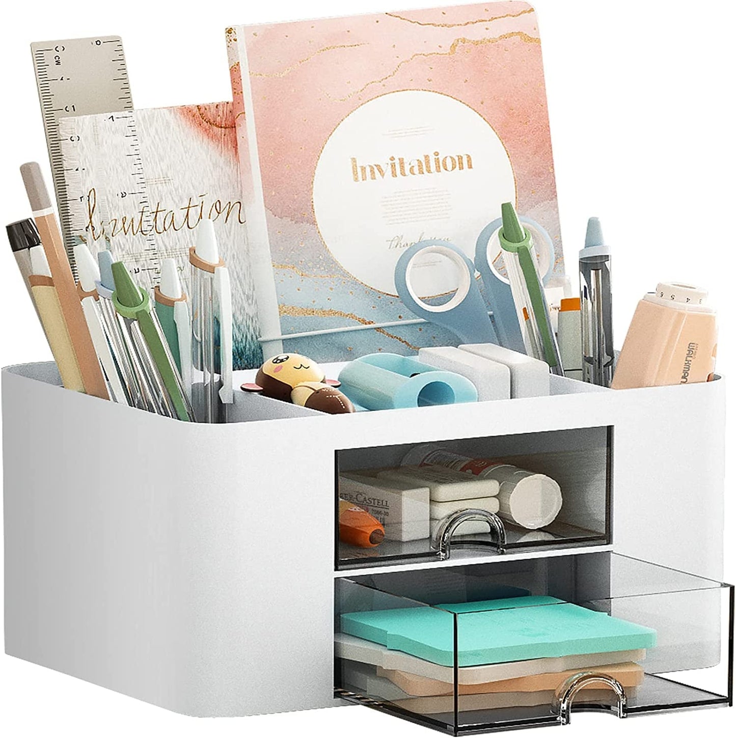 Marbrasse Pen Organizer with 2 Drawer, Multi-Functional Pencil Holder for Desk, Desk Organizers and Accessories with 5 Compartments + Drawer for Office Art Supplies (White)