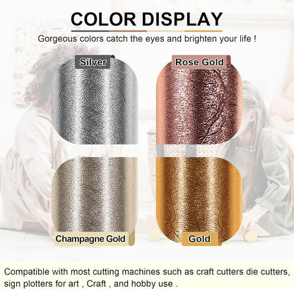 Metallic Permanent Vinyl Bundle – Textured Adhesive Foil Vinyl for Cricut & Craft Cutters, 12" X 36" Rolls (Silver, Gold, Champagne Gold, Rose Gold)