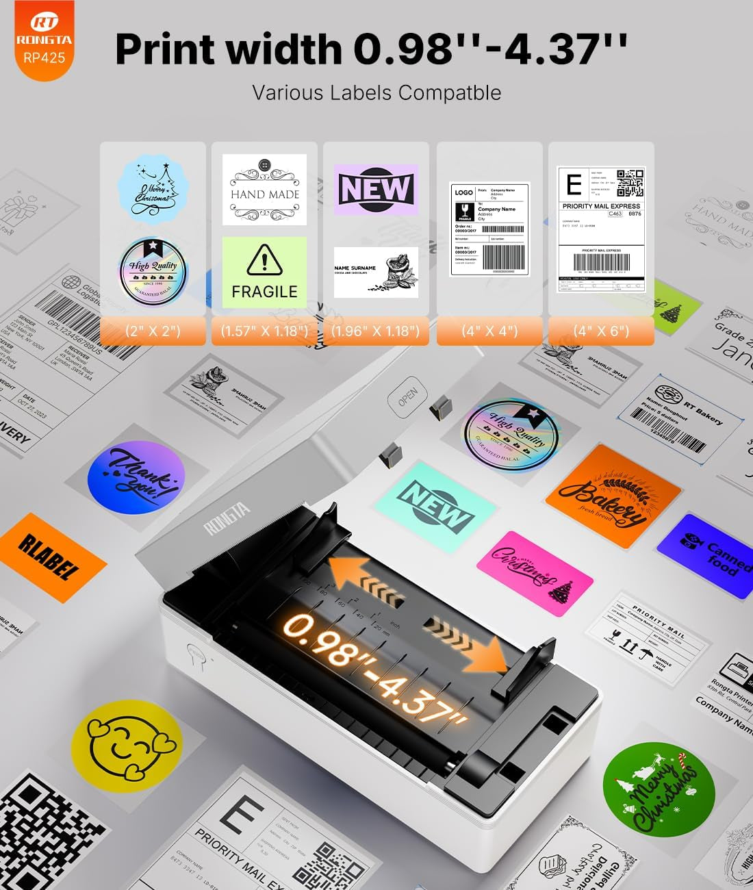 Rongta Shipping Thermal Label Printer, Bluetooth 4X6 Sticker Label Maker Wireless Shipping Label Printer for Package Small Business Compatible with Windows Macos Android Ios (White)