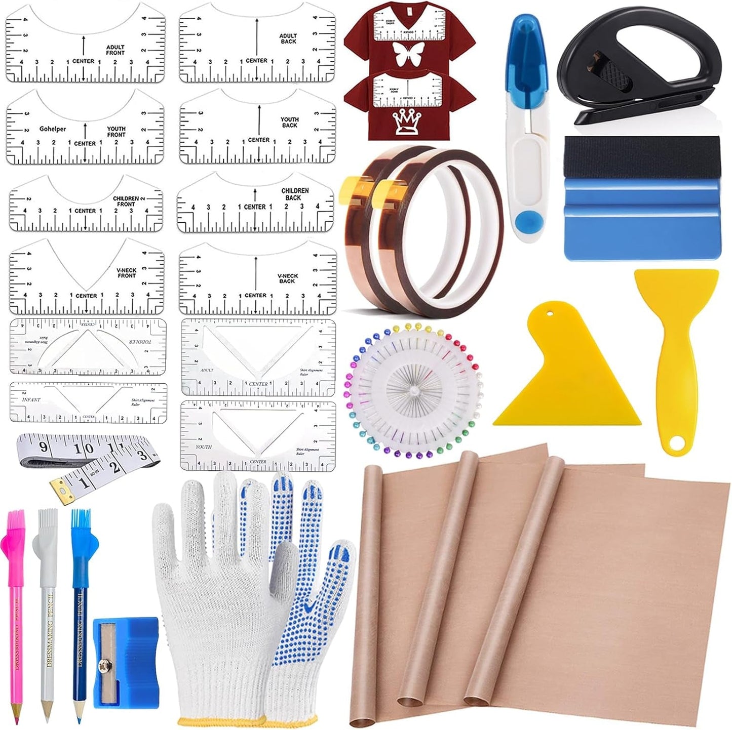 Sublimation Shirts Tool Kits 66 Pcs Shirt Measure Ruler Set Reusable round Neck and V-Neck Alignment T-Shirt Guide Ruler Teflon Sheet for Heat Press 12 X 16In Heat Resistant Tape