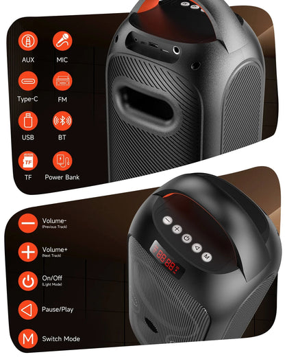 Bluetooth Party Speaker -60W Peak Loud Wireless TWS Portable Speaker with Handle, Beat-Driven Light Show, Splash-Resistant (XP3) for Outdoor Camping, Beach, Garage, Patio Parties