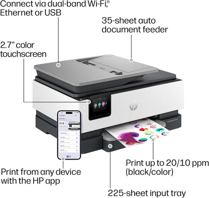 HP Officejet Pro 8125 Wireless All-In-One Color Inkjet Printer, Print, Scan, Copy, ADF, Duplex Printing Best-For-Home Office, 3 Month Trial of Instant Ink Included, Ai-Capable (C2VJ4A)