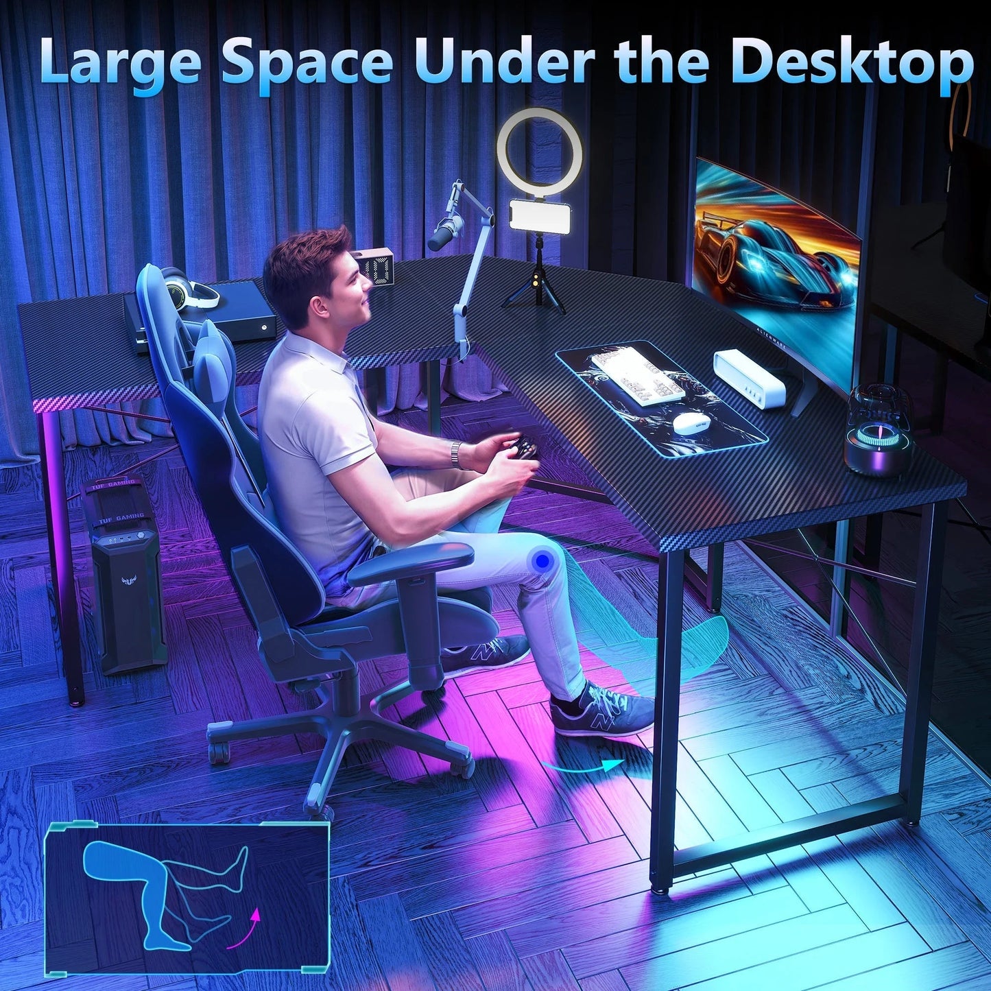 Computer Desk L Shaped, 51 Inch Reversible L Shaped Desk, Gaming Desk, Home Office Desk, Carbon Fiber Black