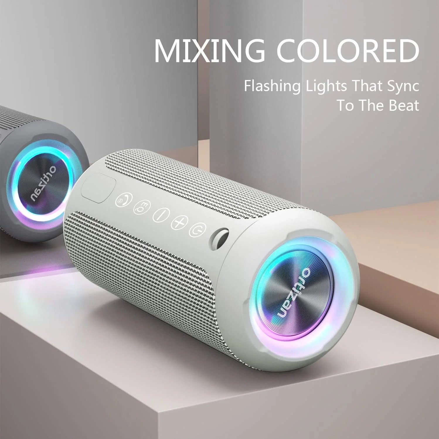 Wireless Portable Speaker,Ipx7 Waterproof Bluetooth Speaker, 24W Loud Stereo Sound, Bassboom Technology, TWS Pairing, Built-In Mic, 30H Playtime with Lights for Home Outdoor - Gray