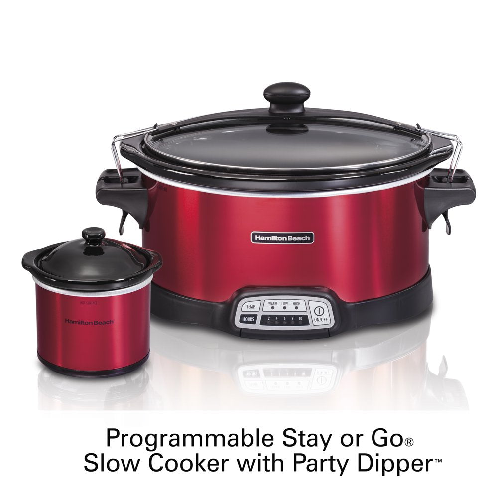 Stay or Go Programmable Slow Cooker with Party Dipper, 7 Quart Capacity,Removable Crock, Red, 33478