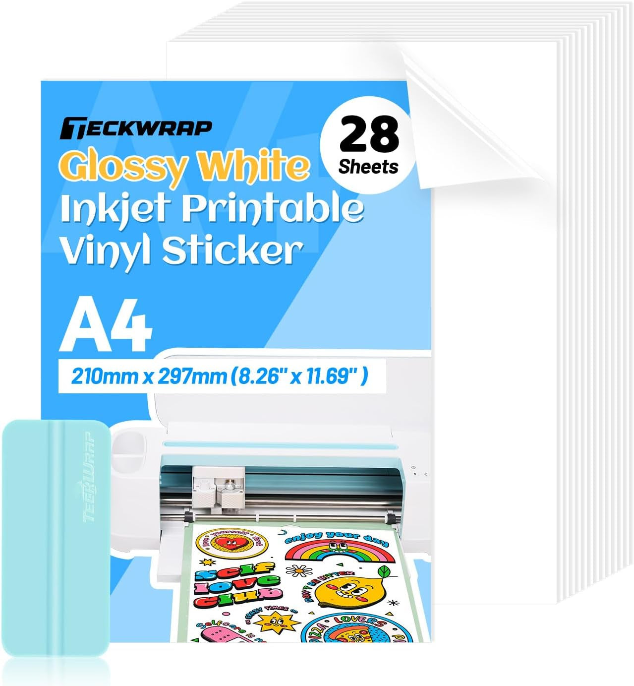 Printable Vinyl Sticker Paper for Inkjet Printer, Glossy White Inkjet Printable Sticker Paper, 8.26" X 11.69" A4 Size for Craft Cutter, Scrap-Booking, Home Decor, 28 Sheets/Pack