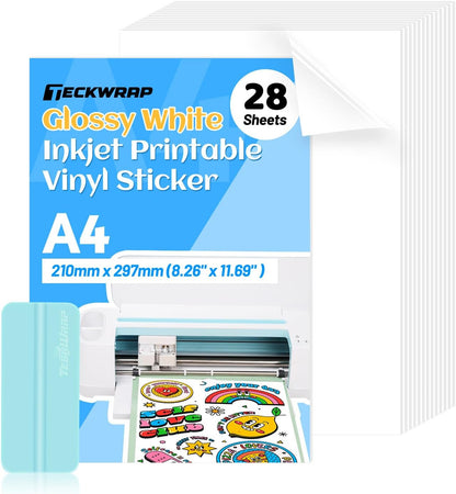 Printable Vinyl Sticker Paper for Inkjet Printer, Glossy White Inkjet Printable Sticker Paper, 8.26" X 11.69" A4 Size for Craft Cutter, Scrap-Booking, Home Decor, 28 Sheets/Pack