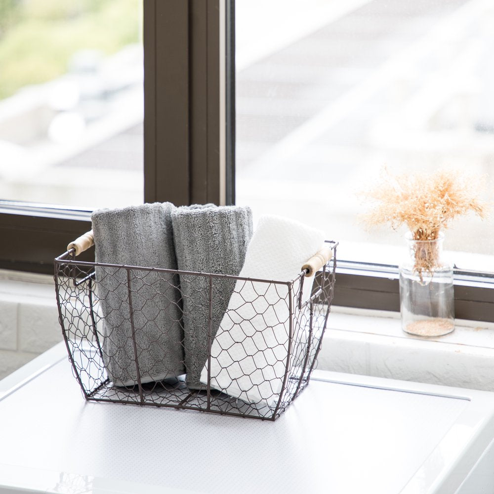 Decorative Brown Chicken Wire Basket with Wood Handles. 12.2X8X7.28