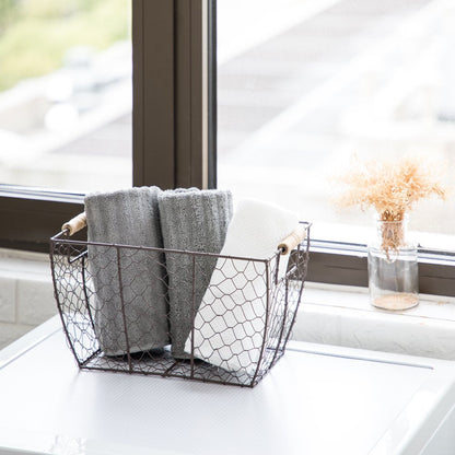 Decorative Brown Chicken Wire Basket with Wood Handles. 12.2X8X7.28