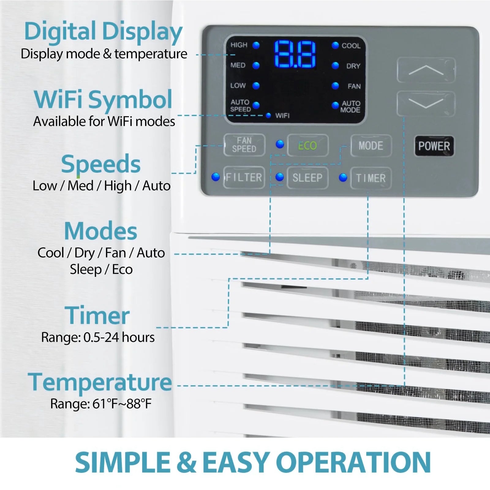10000 BTU Window Air Conditioner Smart Wifi AC Unit Cooling for 450 Sq Ft Rooms with Remote App Control, Install Accessories