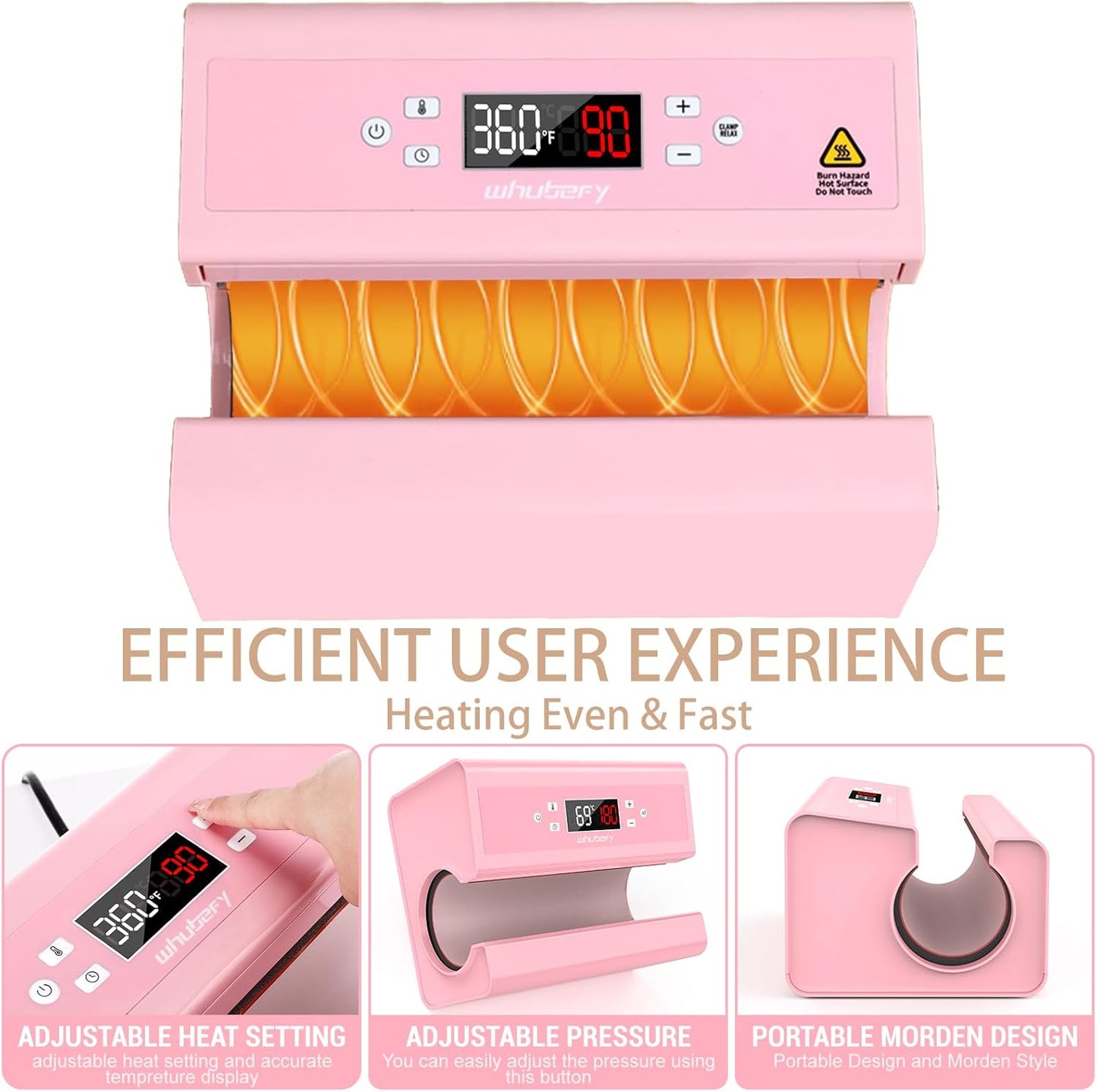 Whubefy Auto Tumbler Heat Press Machine, Pink Mug Heat Press for 10-30Oz 2.9-3.34 Inch Heating Even & Fast, Pro Tumbler Press Machine with Starter Kit, Sublimation for Tumbler, Glass Jar, Can & Mugs