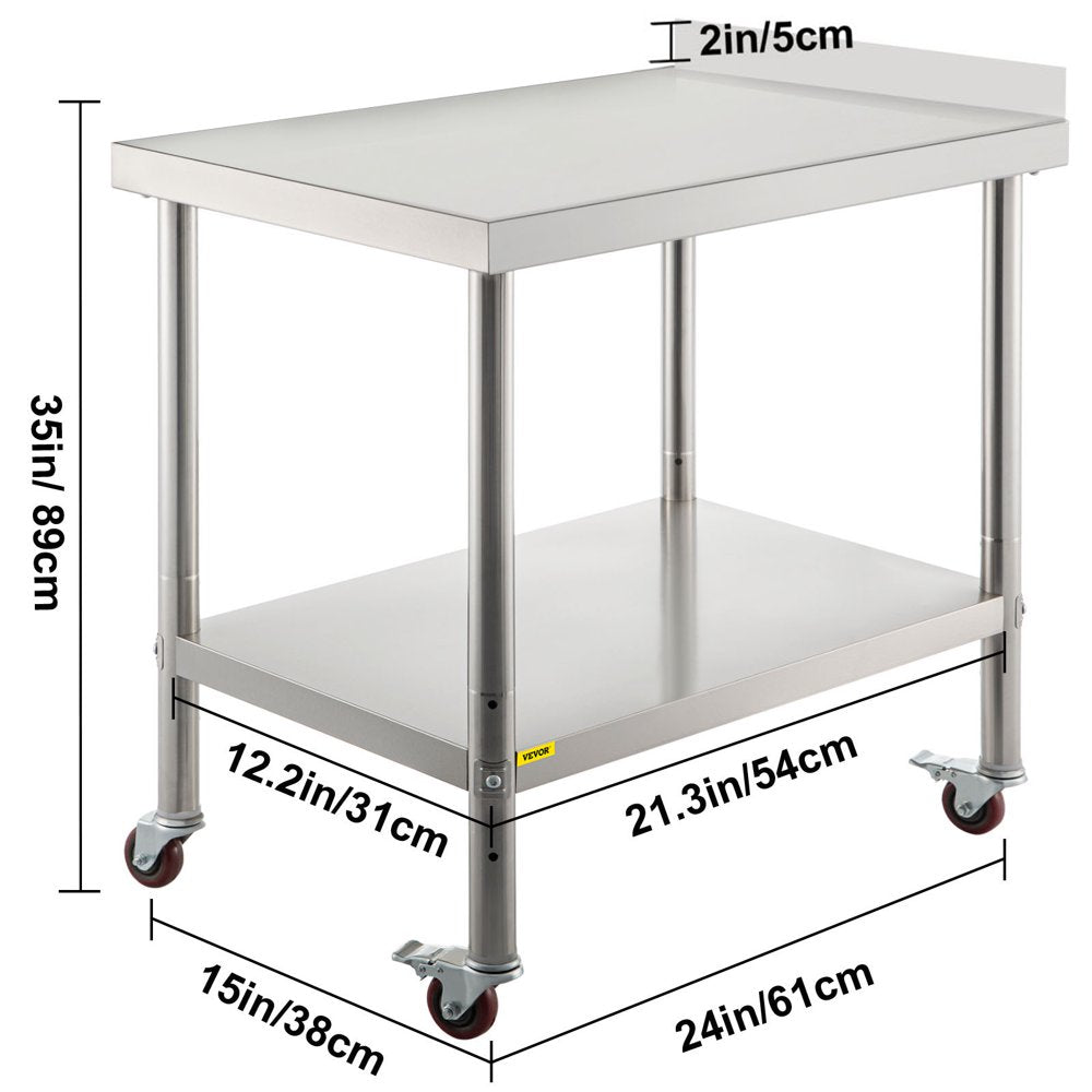 Stainless Steel Prep Table, 24 X 15 X 35 Inch, 440Lbs Load Capacity Heavy Duty Metal Worktable with Backsplash Adjustable Undershelf & 4 Casters, Commercial Workstation for Kitchen Restaurant